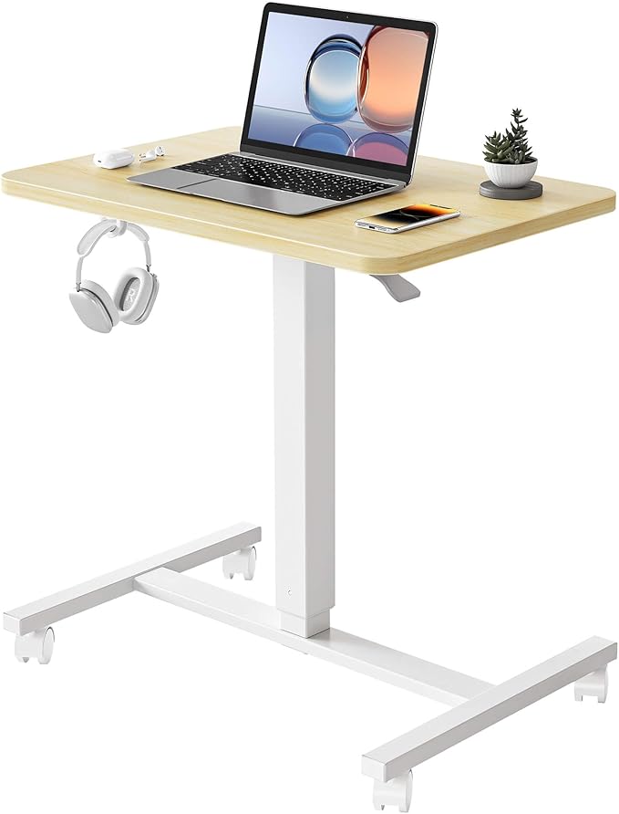 YIHAYO Mobile Small Standing Desk 24 x 16 Inches Adjustable Height Portable Rolling Laptop Desk with Lockable Wheels Computer Workstation for Home Office with Hook Natural