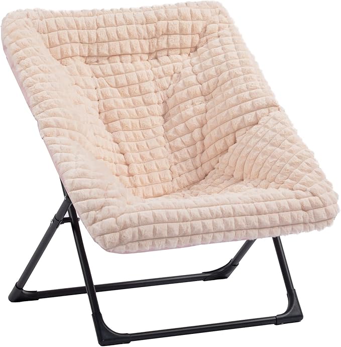HollyHOME X-Large Saucer Chair Comfy Oversized Folding Chair Faux-Fur Reading Chair for Teens Adults Foldable Accent Chair Metal Lounge Chair for Living Room Bedroom Dorm Grid Champagne Pink