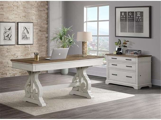 Pemberly Row 60 Wood Writing Desk Rustic White and French Oak Finish Harp Style Base Center Flip-Down Drawer 2 Utility Drawers Modern Home Office Desk for Workspace or Study Room