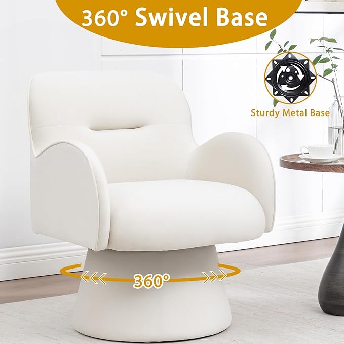 Swivel Chair with Armrest Modern Velvet Barrel Chairs with Curve Back Soft Cushion Comfy Accent Round Armchair Single Sofa for Living Room Bedroom White
