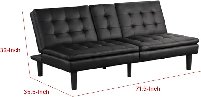 Benzara Berie Futon Sofa Bed Drop-Down Tray Cupholder Black Faux Leather