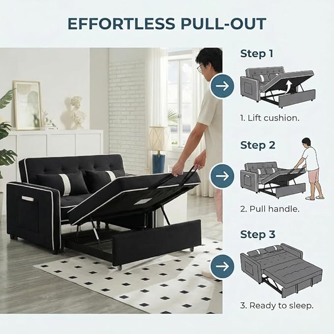 Convertible Velvet Sofa Bed with Pull-Out Bed &amp Side Storage Pockets Modern Sleeper Sofa for Living Room Apartment Small Spaces and Bedroom (7705-Black)