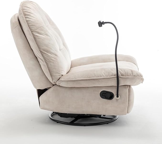 Swivel Rocker Recliner Chair for Adult Oversized Armless Recliner with Phone Holder Comfy Swivel Glider Recliner Velvet Reading Chair for Living Room (Ivory)