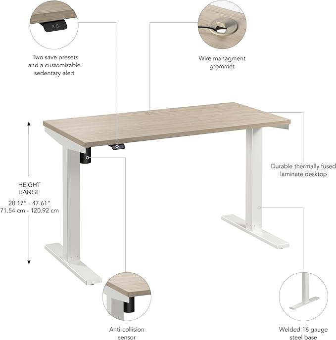 Bush Business Furniture 48-inch Electric Height Adjustable Standing Desk Ergonomic Sit-Stand Computer Table for Home and Professional Office Move 40 Series Natural Elm with White Base