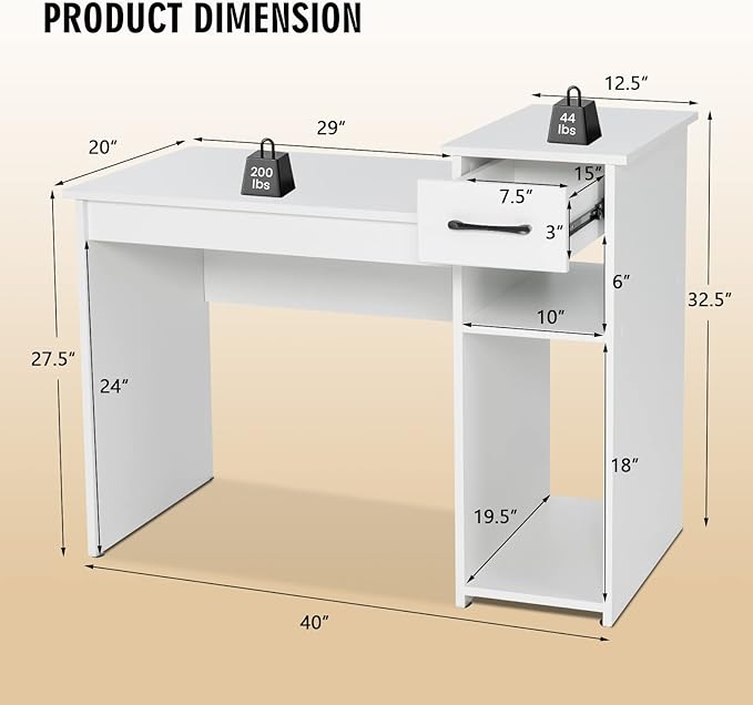COSTWAY Computer Desk 40 inch Laptop PC Gaming Table with Drawer Monitor Stand &amp Storage Shelf Modern Simple Study Writing Table for Home &amp Office Easy Assembly White