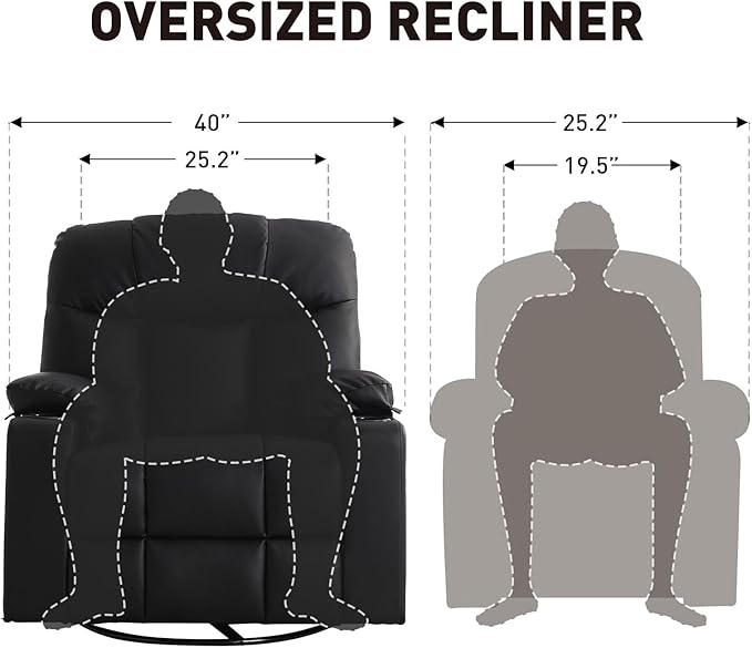 Bonzy Home Oversized Swivel Rocker Recliner 40 Rocking Recliner Chair with Heated and Massage PU Leather Single Sofa with Swivel Function 2 Cup Holders for Living Room Bedroom Black