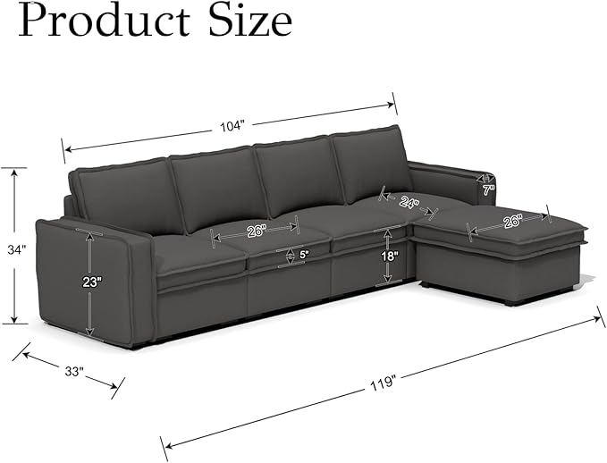 EALSON 119 Modular Sectional Sofa Comfy Cloud Couch with Ottoman Modern Convertible L Shape Couches with Wooden Legs Linen Deep Seat Couch 4-Seater Sofa with Ottoman for Living Room/Apartment Grey