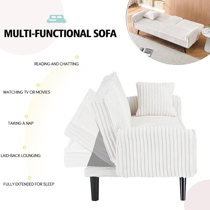 Futon Sofa Bed Modern Folding Couch for Small Space 72'' Corduroy Convertible Loveseat Sleeper Bed Daybed Recliner Lounge Sofas for Living Room2 Cup HoldersMetal LegsRemovable Armrests (White I)