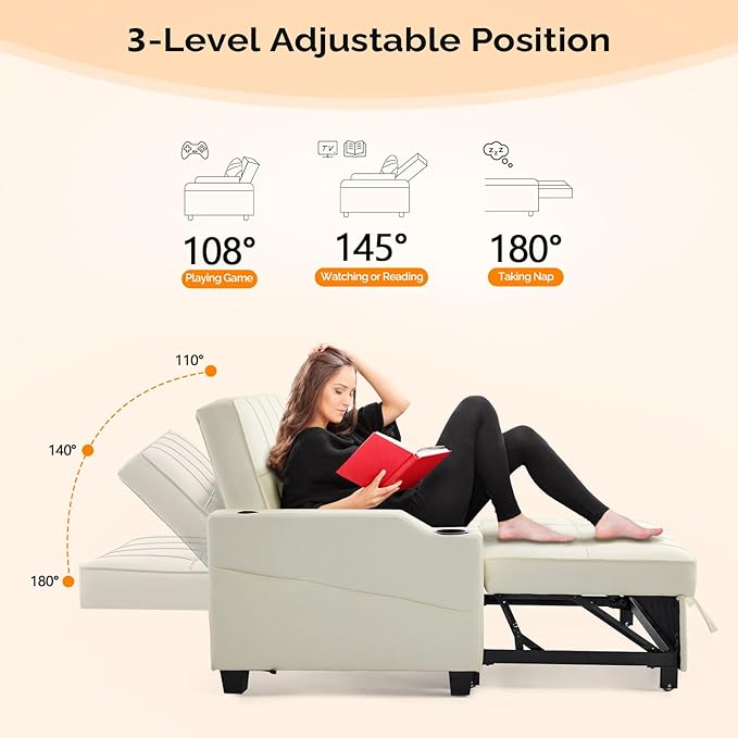 VINGLI Beige Futon Sofa Bed Convertible Loveseat Sleeper Couch Faux Leather Pullout Sofa Fold Out Couch Bed with USB Ports Cup Holders Armrest for Living Room Bedroom Apartment Room