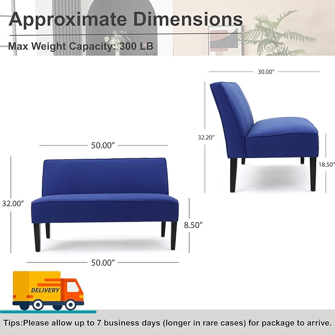 50'' Loveseat Sofa Modern Two-Seater Compact Upholstered Sofa for Small Space Bedroom Hallway Bench Royal Blue.