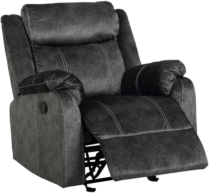 Pemberly Row Contemporary Glider Recliner Gray Soft Microfiber Fabric Manual Recline Plush Pillow Arms and Padded Footrest Suede-Like Material Contrast Stitching Comfortable Living Room Chair