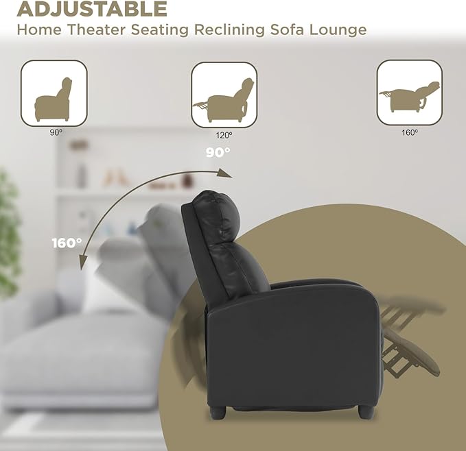 Recliner Chair for Adults Living Room Chairs Reading Chair with Pu Leather Padded Seat Backrest Modern Reclining Easy Lounge (Black)