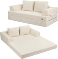 COMAX Futon Sofa Bed Convertible Folding Sofa Bed Boneless Couch Loveseat Corduroy with Pillows Small Foldable Floor Couch Comfy Lounge Sleeper for Living Room Bedroom Beige