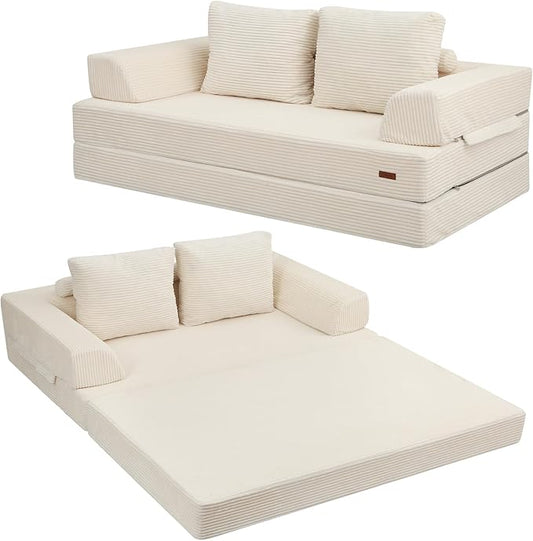 COMAX Futon Sofa Bed Convertible Folding Sofa Bed Boneless Couch Loveseat Corduroy with Pillows Small Foldable Floor Couch Comfy Lounge Sleeper for Living Room Bedroom Beige