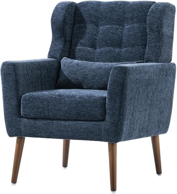 Modern Accent ChairChenille Arm Chairs for Living RoomUpholstered Mordern ArmchairComfy Soft Padded Lounge Chair in Small Space Bedroom w/Pillow Solid Wood Leg (Dark Blue + Chenille)