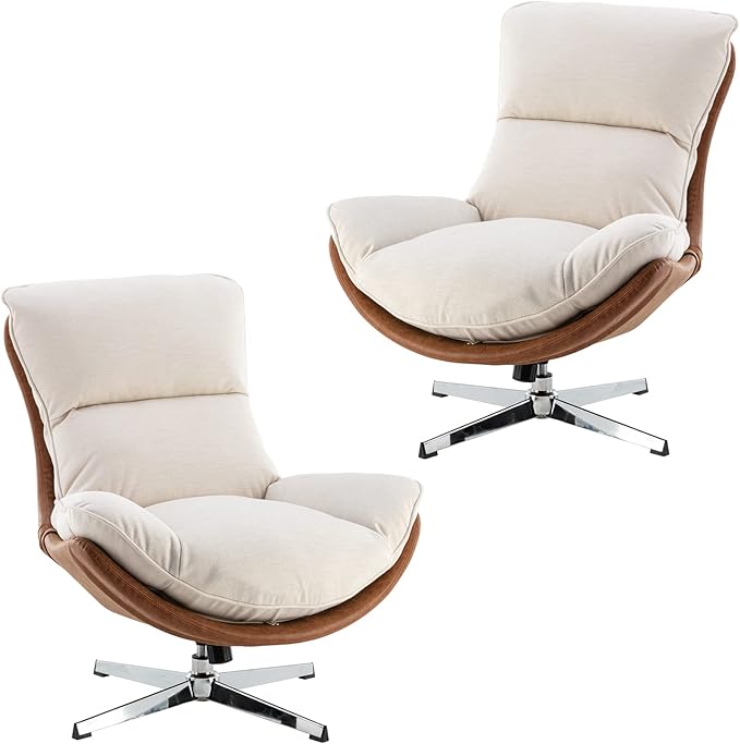 DUOMAY Swivel Accent Chair Set of 2 Modern Linen Soft Foam Lounge Chair with High Back Comfy Rocker Chair for Living Room Bedroom Reading Room Office Tilt &amp Swivel Chrome Base Beige