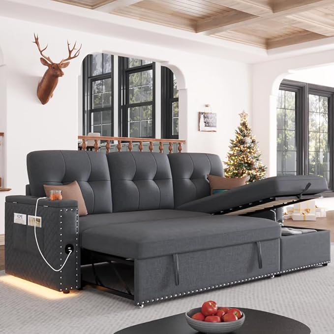 HIFIT Sleeper Sofa Bed- 81 L Shaped Pull Out Couches for Living Room with Storage Chaise 2 Storage Armrest LED Light&ampUSB Port&ampCupholder Modern Linen Sectional Home Sofa Living Room Furnitu