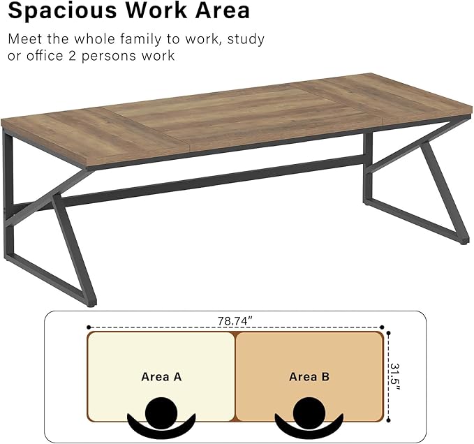 HSH Extra Large Home Office Desk Rustic Wood and Metal Computer Desk for 2 People 78 Inch Long Executive Writing Study Gaming Double Desk Workstation Bedroom Living Room PC Table for 2 Monitors
