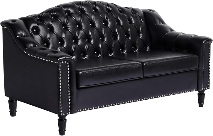 AVZEAR Chesterfield Loveseat Sofa Mid-Century Modern Upholstered PU Sofa 2 Seater Couch with Nailhead Trim and Button Tufted for Living Room Office Bedroom Black
