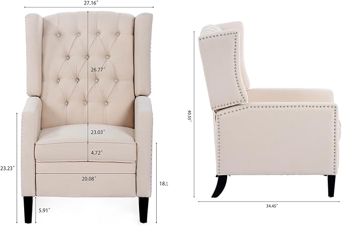 Pushback ReclinerComfortable Wingback Recliner Sofa Chair with Adjustable Backrest Tufted Fabric Upholstered Armchair Retro Rivets Decorated for Living Room Bedroom Office Home Theater (White)