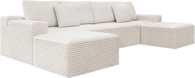 137.8 Cloud Couch Sectional Modular Sofa with 2 Ottoman Corduroy U Shaped Boneless Sofas Couch in a Box No Assembly Required White Couches for Living Room