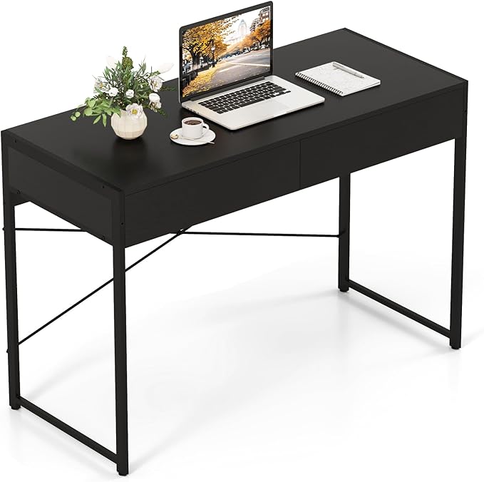 GOFLAME Modern 2-Drawer Computer Desk Home Office Desk w/Reinforced Heavy-Duty Metal Frame Versatile Study Writing Desk w/Anti-Tip Kit Ideal for Bedroom Study Office Small Spaces Black
