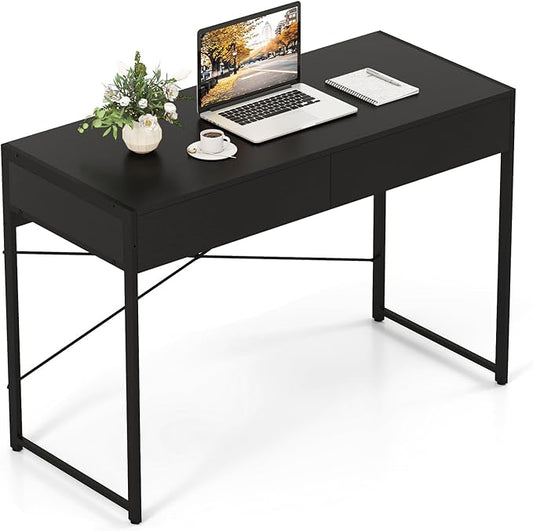 GOFLAME Modern 2-Drawer Computer Desk Home Office Desk w/Reinforced Heavy-Duty Metal Frame Versatile Study Writing Desk w/Anti-Tip Kit Ideal for Bedroom Study Office Small Spaces Black