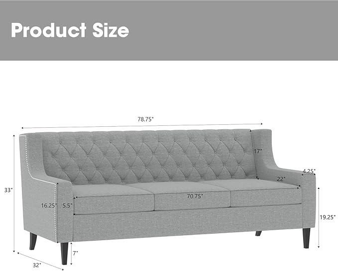 GDFStudio 78.75 3-Seater Sofa Button Tufted Backrest Big Comfy Couch with Plush Cushions Mid Century Modern Couches Home Living Room Sofa Upholstered Sofas &amp Couches for Apartment Bedroom Gre