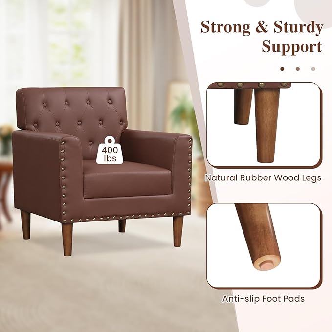 KOMFOTT Mid Century Modern Accent Chair Faux Leather Upholstered Armchair with Button Tufted Decoration &amp Rivets Rubber Wood Legs Soft Padded Seat Cushion Single Sofa for Living Room Home