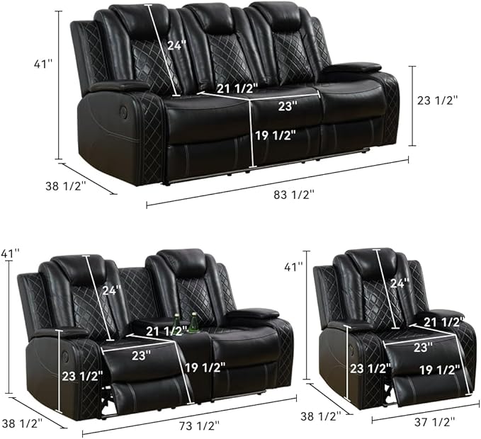 COMHOMA Power Living Room Furniture SetsElectric Recliner Chair with LED LightSectional Sofa Loveseat with Wireless ChargingSpacious Storage Cup Holeders2