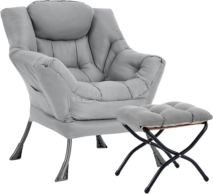 Lazy Chair with Ottoman Large Light Grey Accent Chair with Ottoman Comfy Reading Armchair Leisure Sofa Chair for Living Room Bedroom Dorm Room Office