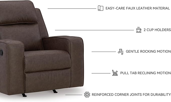 Signature Design by Ashley Lavenhorne Contemporary Faux Leather Upholstered Manual Rocker Recliner with 2 Cup Holders Dark Brown