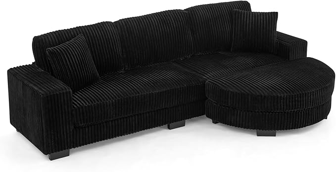 Corduroy Tufted Upholstered Sleeper Sectional Sofa L-Shaped Modular Convertible Sofa The arc-Shaped Footstool can be Placed Freely on The Left and Right (Black + Foam + 3 Seat)