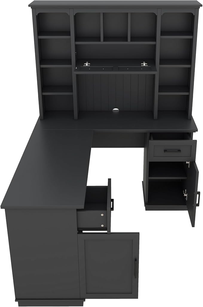 L-Shaped Gaming Desk with Hutch Corner Desk with Drawers and Cabinet Home Office Computer Desk with Open Storage Shelves Multi-functional Writing Desk for Study Room Bedroom Living Room Black