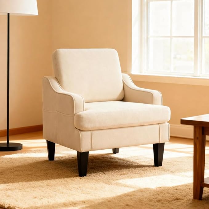 Accent Chair for Living Room Upholstered Living Room Chair with Side Pockets Comfy Accent Chairs for Bedroom Mid Century Modern Armchair for Office Apartment Waiting Room Club (Beige)