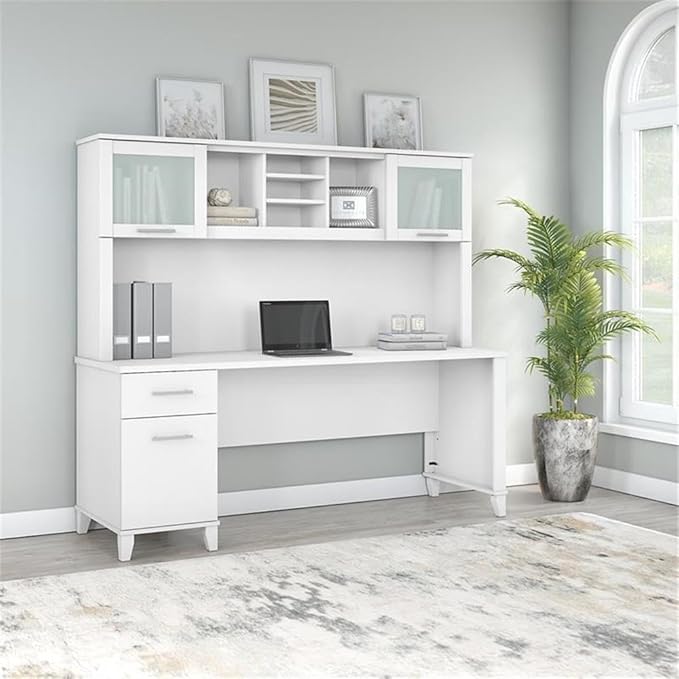 Pemberly Row 72W Office Desk with Drawers and Hutch Engineered Wood White Finish Frosted Glass Doors Wire Management Spacious Home Office Desk and Storage Solution for Computer and Paperwork