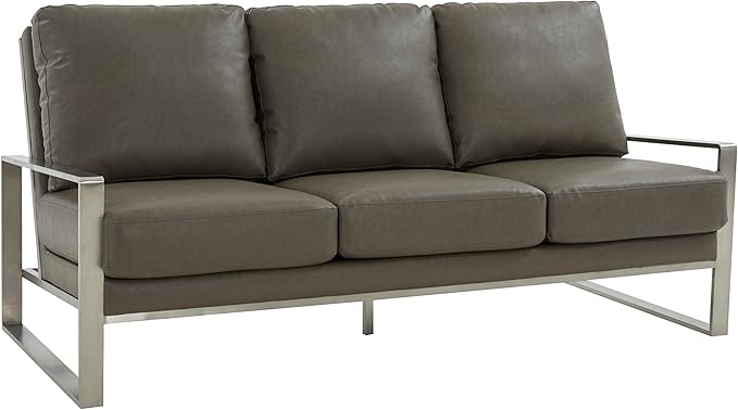 LeisureMod Jefferson Modern Leather 3-Seater Sofa with Silver Frame – Luxury Contemporary Living Room Couch Plush Upholstered Mid-Century Style Comfortable Lounge Seating (Grey) | MODERN SLED BASE
