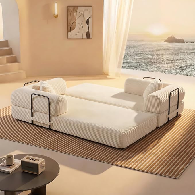 74 Compression Sofa Convertible Floor Sofa Bed with Pillow Back Support ArmrestComfy Futon Couch Sleeper BedLoveseats Boneless for Living RoomBedroom (Beige)