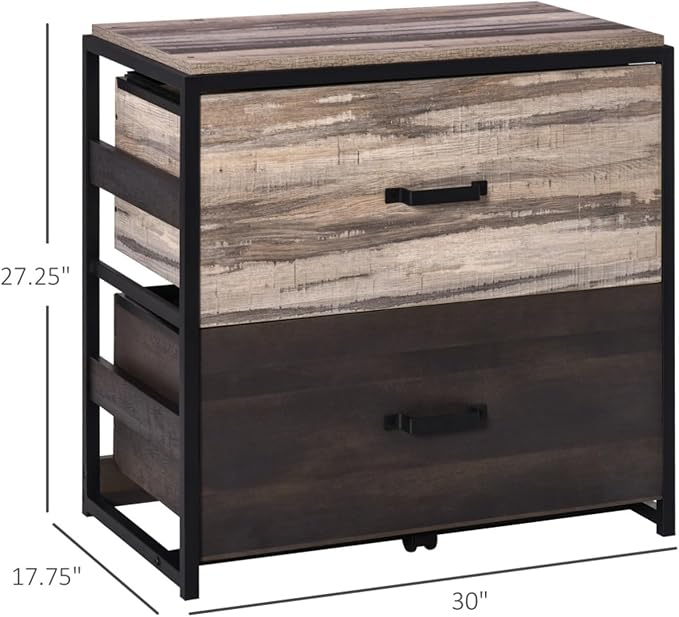 Wide 2-Drawer Lateral File Cabinet with Adjustable Metal Hanging Bars for A4 Letter &amp Legal Files Rustic Wood and Steel Storage Organizer for Home Office Anti-Tip Design