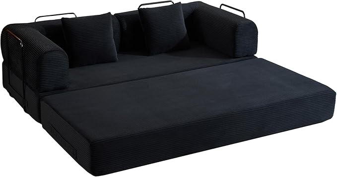 Convertible Sleeper Sofa Bed with Fixed-Shape Frame Corduroy Folding Boneless Couch with Cylindrical Pillow Comfy Floor Sofa Couch for Living Room No Assembly Required Black