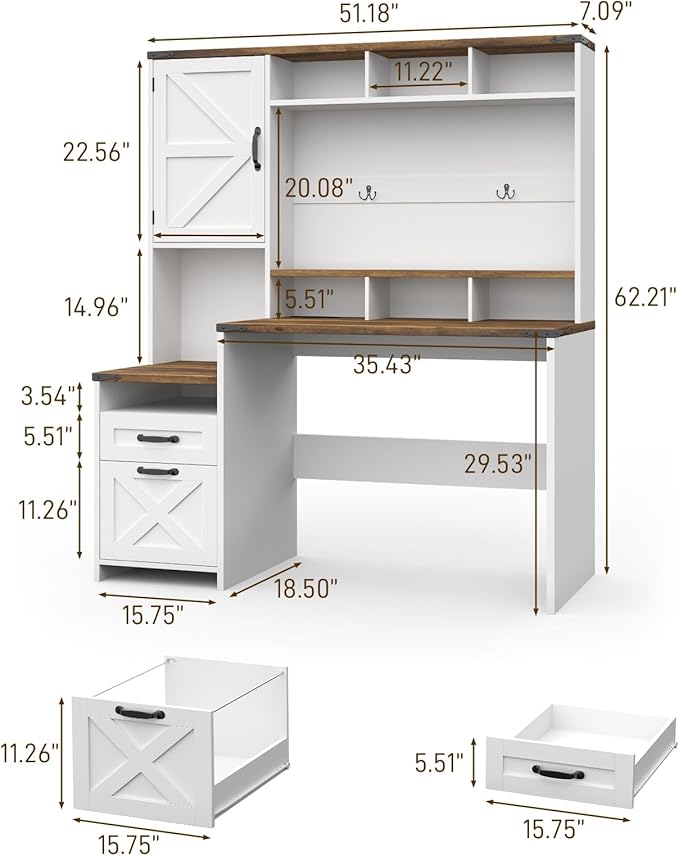 Vabches 51 Executive Desk Farmhouse Home Office Desk with Charging Station LED Light File Drawer Storage Cabinet Monitor Stand Wood Computer Desk with Hutch for Work Study Writing (White)