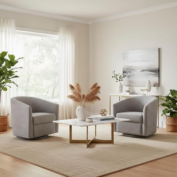 Chenille Swivel Accent Chair Living Room Chairs No Assembly Upholstered Armchair 360°Rotating Barrel Chair for Bedroom Apartment &amp Reading Nook (1 Light Grey)