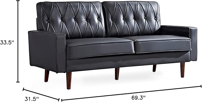 Container Furniture Modern Style Faux Leather Sofa with Elegant Round Tapered Legs and Button Tufted Backrest Perfect for Living Room Bedroom or Home Office 69.3’’ Wide Black