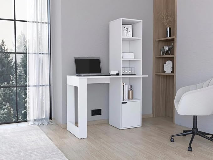 Writing Desk Computer Desk with Bookcase and Cabinet Interlocking Mechanism Easy Assembly White for Home Office