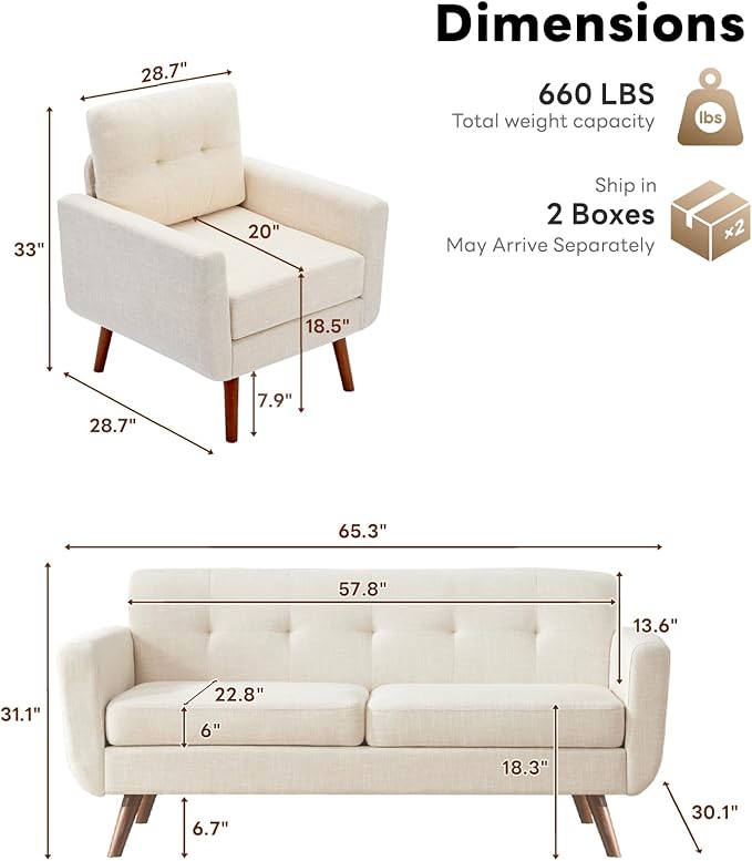 Tbfit Mid Century Modern Sofa Couch Beige Loveseat &amp Accent Chair | linen fabric button tufted solid wood foot pocket spring wood slats frame