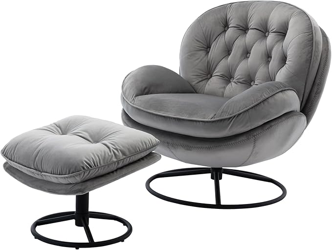 JINS&ampVICO Swivel Accent Chair Armchair with OttomanVelvet Lounge ChairComfy Living Room ChairLazy Sofa for BedroomApartmentReading RoomGray
