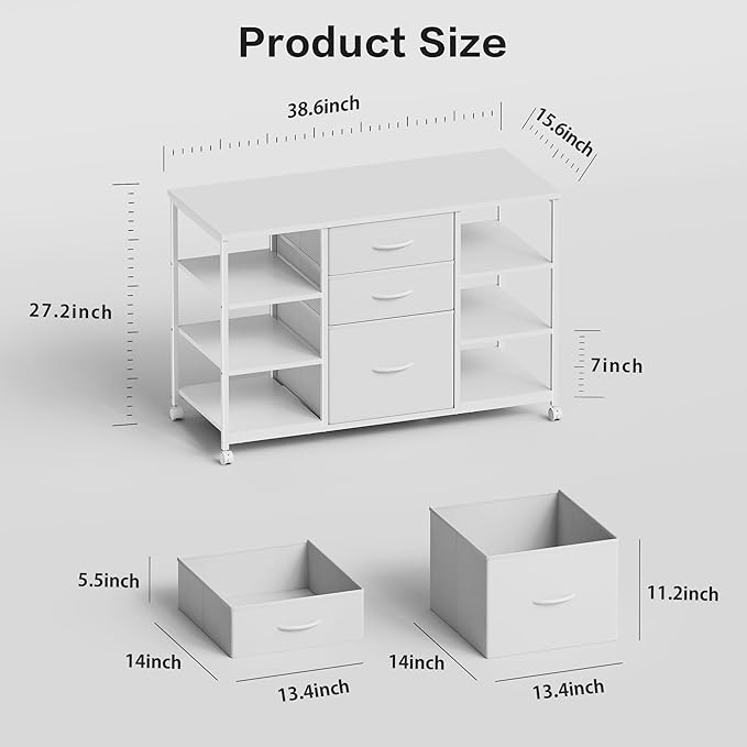 Mobile File CabinetLateral Filing Cabinet with 3 Fabric DrawersRolling Printer Stand with 4 Open Storage Shelf for Home Office White