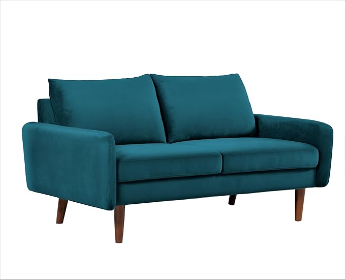 Kent Velvet Loveseat Sofa for Modern Living Rooms and Compact Spaces Comfy 2 Seater Couch Studio Apartment Furniture with Sleek Design Greenish Blue