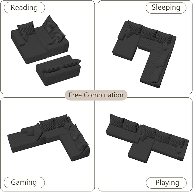 166.9 Cloud Sectional Couch with L-Shape Chaise Modern Modular 4-Seater Sofa with Deep Seat Corduroy Upholstered Couches for Living Room Bedroom No Assembly Required(Black Left Facing)