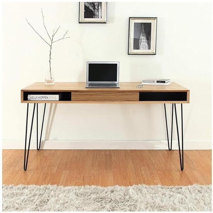 Maykoosh Home Office Desk - 59 Oak Veneer Top &amp Metal Legs - Large Desk with Drawer - Easy Assembly